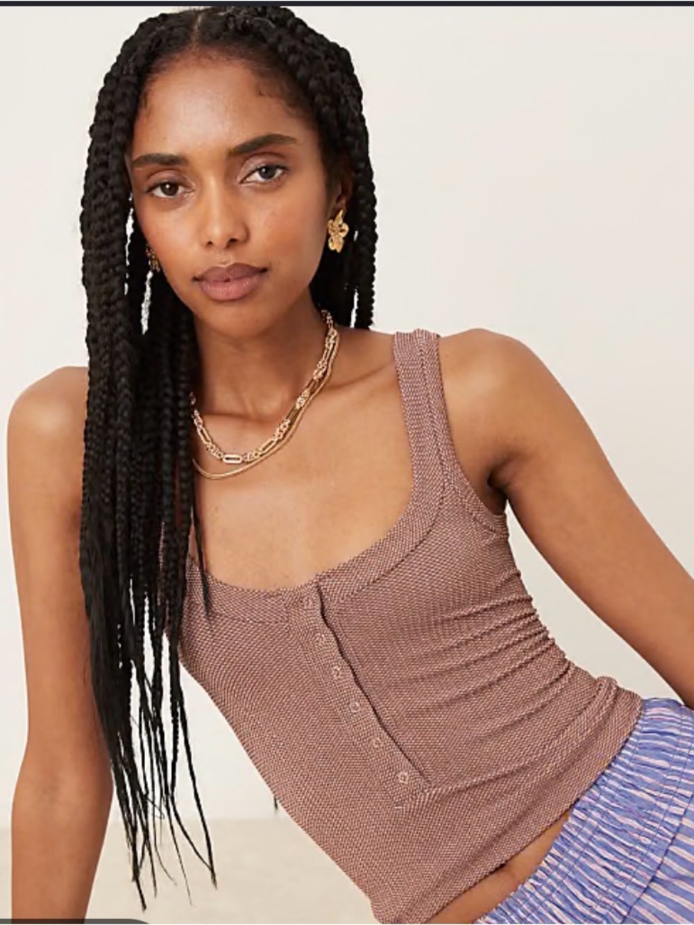 Intimately Free People Clean Slate Henley Ribbed Tank Top in Mink Mauve Brown